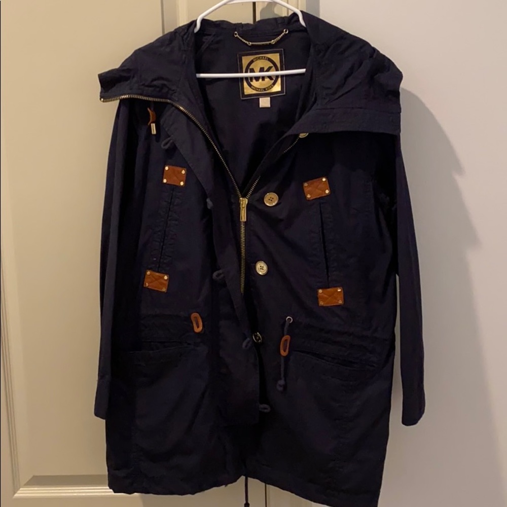 Michael Kors Navy Trench Coat with Brown Accents